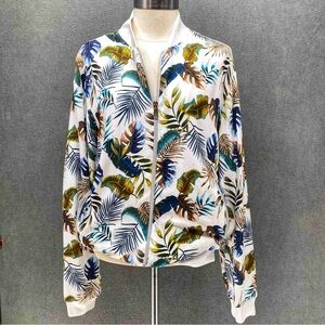Zara Leaf Pattern Bomber Jacket - White, Blue, Green, Brown